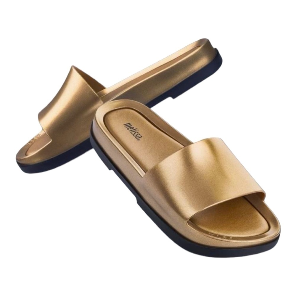 Melissa Gold Platform Slide Sandals Black Sole Women’s Size 6 Beach Slides - Picture 3 of 11